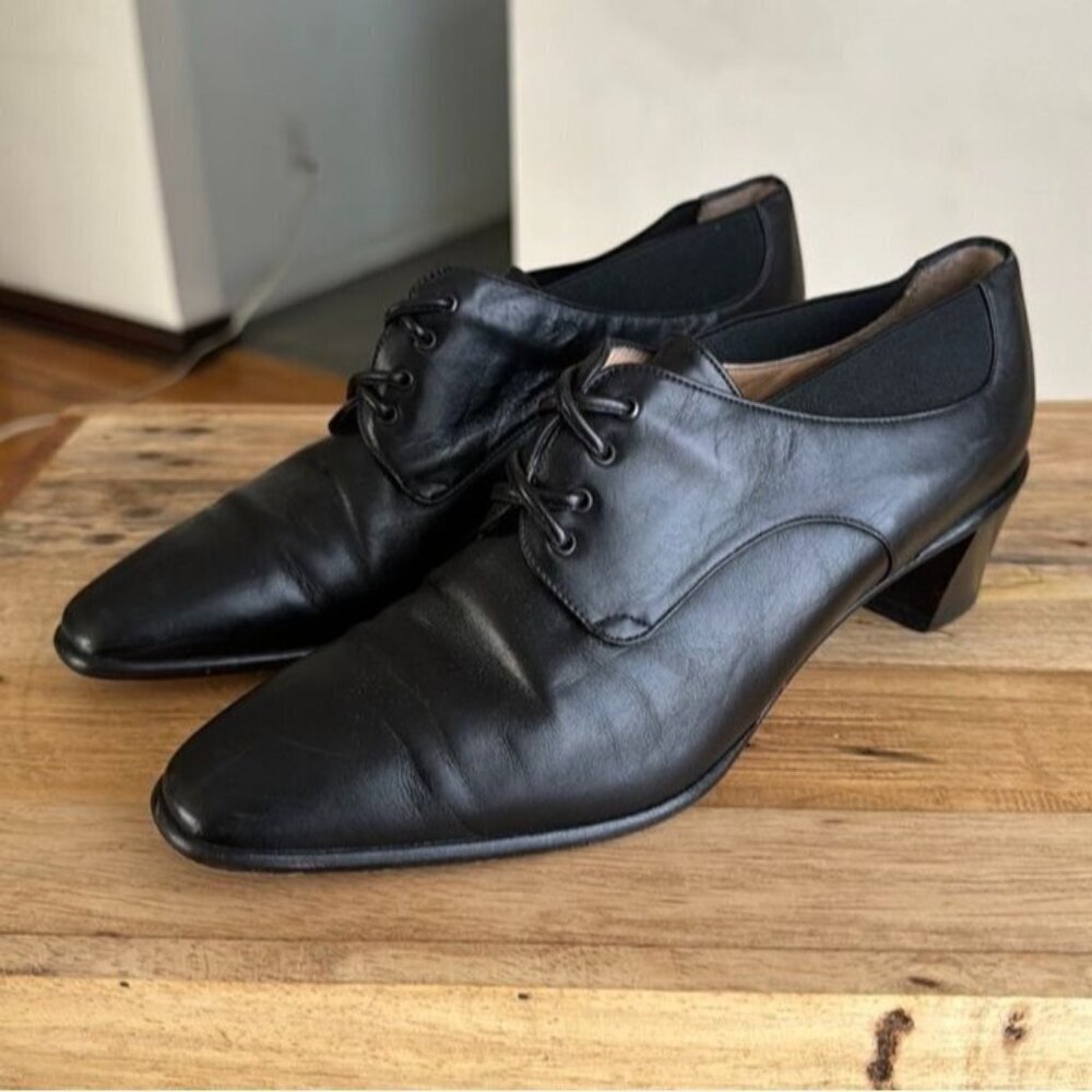 90s Vintage Fratelli Rossetti Black Leather Slip On Low Block Heel Size 7.5